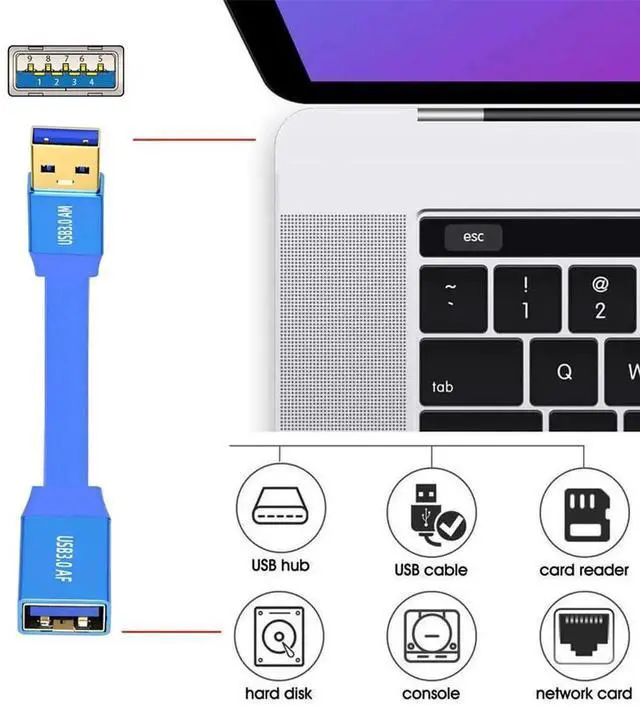 Alt view image 4 of 7 - 60cm Ultra Flat Slim USB 3.0 Type-A Male to Female Extension Cable, Blue 5Gbps High Speed Cord for SSD External Disk Camera Data Transfer