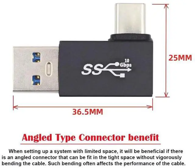 Alt view image 6 of 7 - Left Angled 90 Degree USB3.0 Type A Male to USB 3.1 Type C Male Adapter, 10Gbps High Speed Data & Fast Charging Connector for Phone Laptop