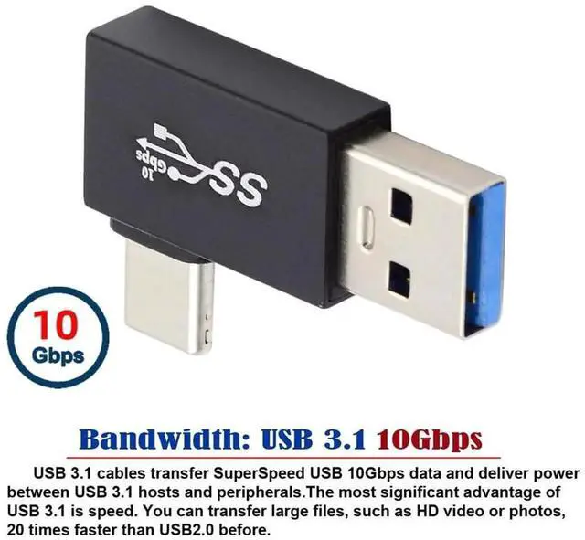 Alt view image 4 of 7 - Left Angled 90 Degree USB3.0 Type A Male to USB 3.1 Type C Male Adapter, 10Gbps High Speed Data & Fast Charging Connector for Phone Laptop