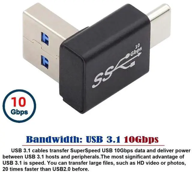 Alt view image 4 of 7 - 90 Degree Up Angled USB3.0 Type A Male to USB 3.1 Type C Male Adapter, 10Gbps High Speed Data & Fast Charging Connector for Phone Laptop