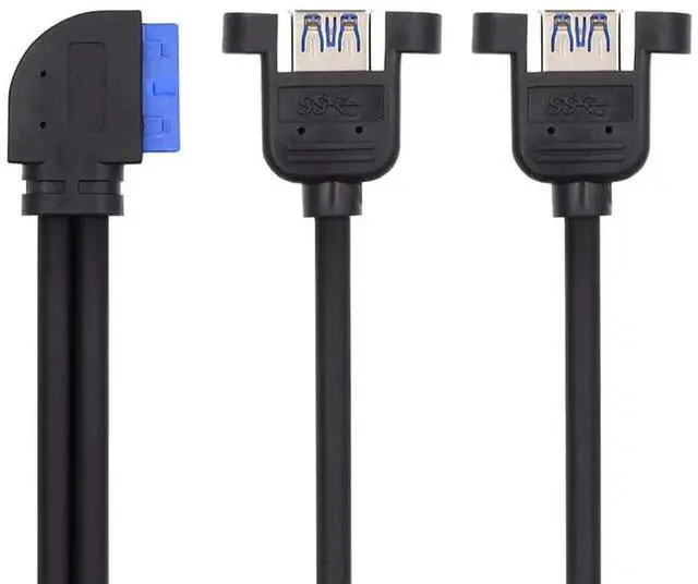 Main image of 1ft/32cm Left Angled 90 Degree 2-Port USB 3.0 Female to 19/20Pin Header Cable, 5Gbps Screw Mount Motherboard USB Extension Cord