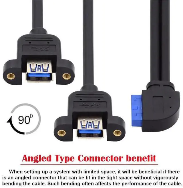Alt view image 3 of 7 - 1ft/32cm Left Angled 90 Degree 2-Port USB 3.0 Female to 19/20Pin Header Cable, 5Gbps Screw Mount Motherboard USB Extension Cord