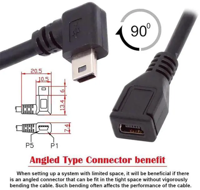 Alt view image 4 of 7 - 30cm 90 Degree Right Angle Mini B USB 5Pin Male to Female Extension Cable, Type B Right Angle Charging Data Cord for GPS Camera