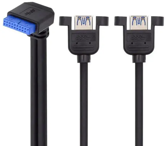 Main image of 1ft/32cm Up Angled 90 Degree 2 Ports USB 3.0 Female to 19/20Pin Header Cable, 5Gbps Screw Mount USB 3.0 Front Panel Extension Cord