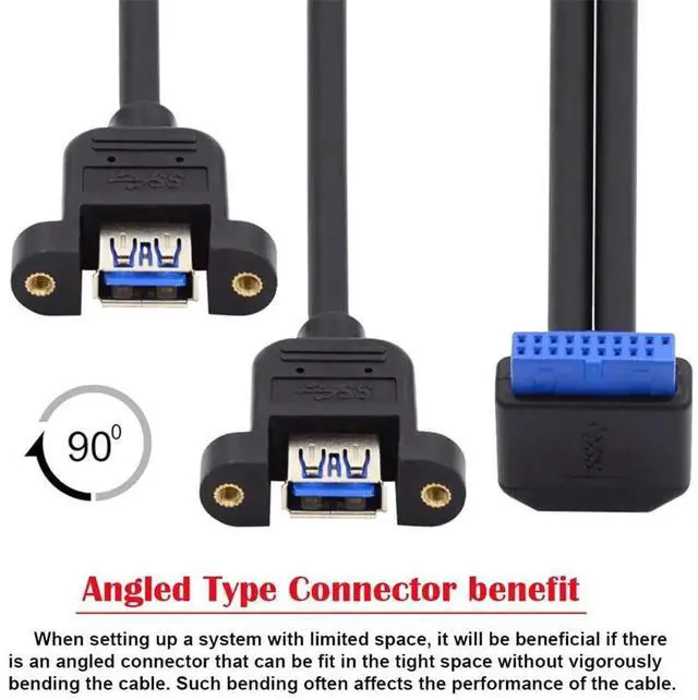 Alt view image 5 of 7 - 1ft/32cm Up Angled 90 Degree 2 Ports USB 3.0 Female to 19/20Pin Header Cable, 5Gbps Screw Mount USB 3.0 Front Panel Extension Cord