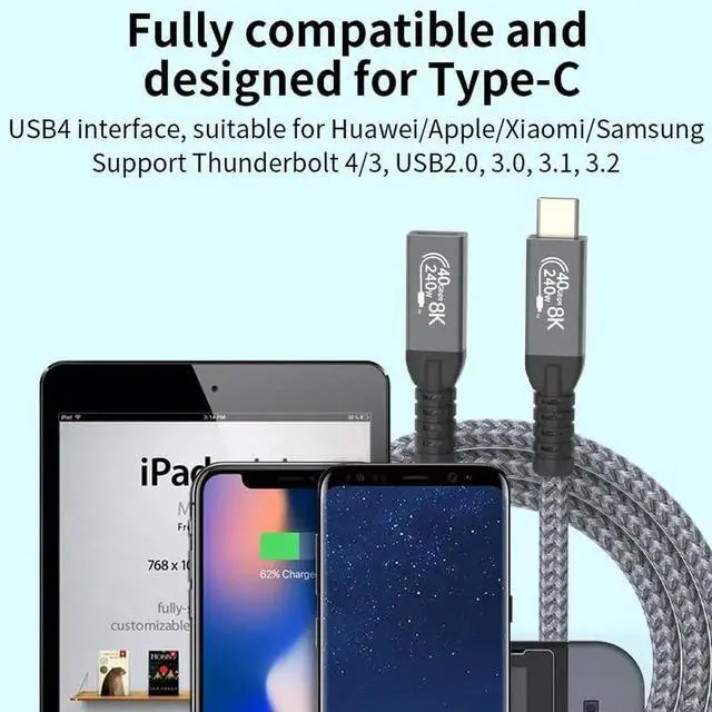 Alt view image 3 of 6 - 0.6FT Short Thunderbolt 4 USB-C to USB-C Cable, 40Gbps Data Transfer 8K HD Display 240W Fast Charging Cord Compatible with iPhone 16/15 MacBook Pro/Air Hub Docking Station
