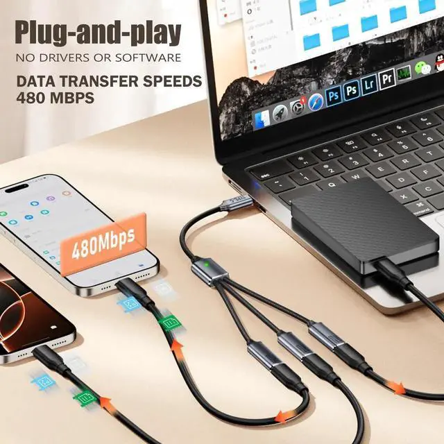 Alt view image 5 of 5 - 0.8Ft USB 2.0 Y Splitter Cable, 1 In 3 Out USB Extender Adapter Cable Black for Car Mac Xbox Laptop Tablet Smartphone Data Transmission