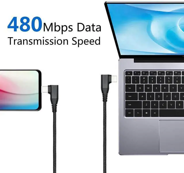 Alt view image 5 of 7 - 1M/3FT Right Angle USB C to USB C Cable, 90 Degree 60W PD Fast Charging Data Cable, Nylon Braided Black Compatible with Laptop Tablet Cell Phone All USB C Devices