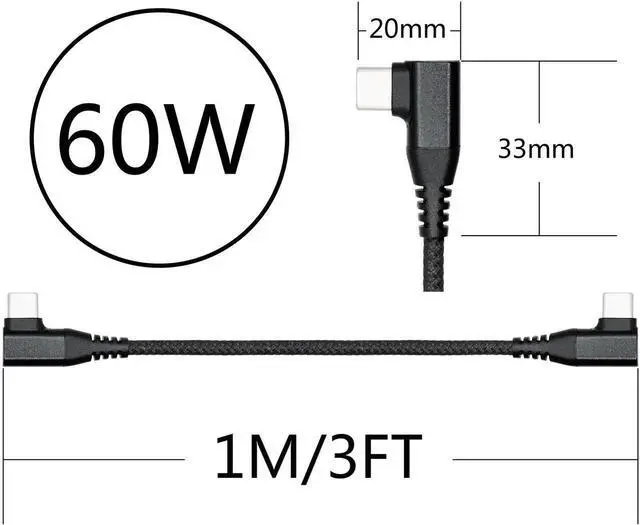 Alt view image 3 of 7 - 1M/3FT Right Angle USB C to USB C Cable, 90 Degree 60W PD Fast Charging Data Cable, Nylon Braided Black Compatible with Laptop Tablet Cell Phone All USB C Devices