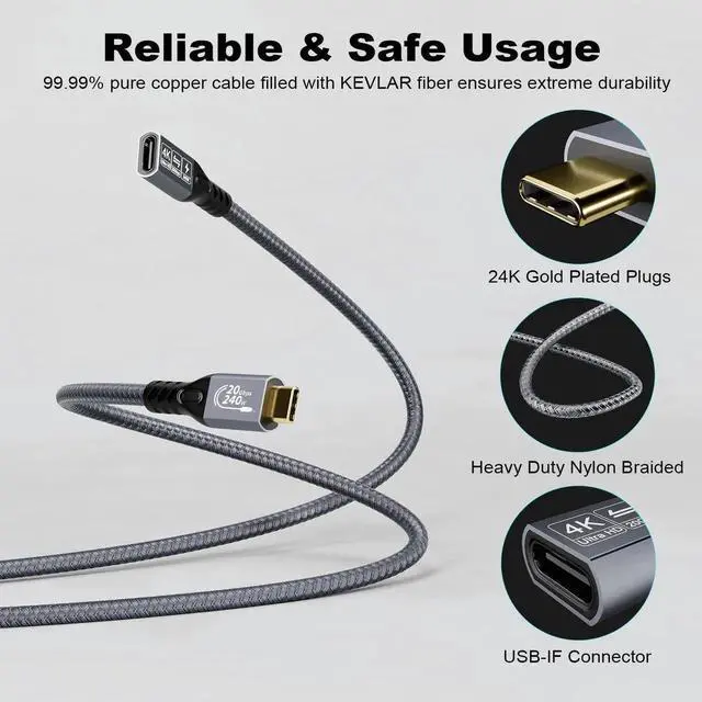 Alt view image 4 of 7 - 2 Pack USB C 3.2 Gen2 Extension Cable 20Gbps 0.25M, Type-C Male to Female Extender Cord Support 4K@60Hz Video & 240W Fast Charging, Data Transfer Compatible with External SSD Laptop Phone