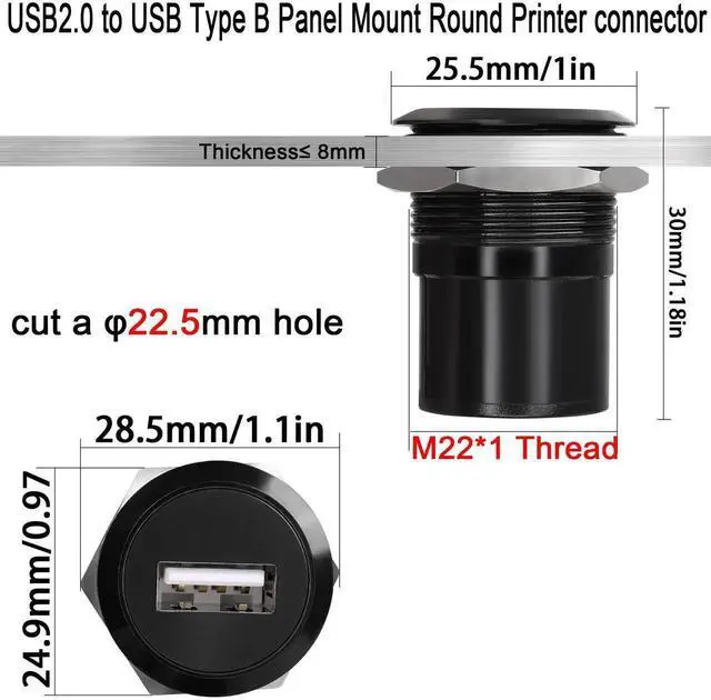 Alt view image 3 of 6 - USB 2.0 Female to USB Type B Female Panel Mount Connector, Threaded Fixed Round Printer Adapter Port for PC Printer Scanner Laptop