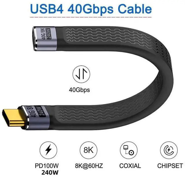 Alt view image 3 of 7 - 13cm Straight Slim Flat USB4 Male to Female Extension Cable, 40Gbps Data Transfer, 240W PD Fast Charging, 8K@60Hz Video Compatible with Thunderbolt 3/4