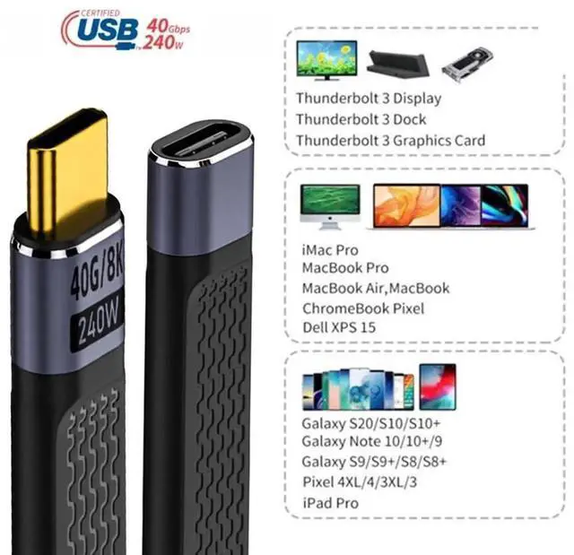 Alt view image 2 of 7 - 13cm Straight Slim Flat USB4 Male to Female Extension Cable, 40Gbps Data Transfer, 240W PD Fast Charging, 8K@60Hz Video Compatible with Thunderbolt 3/4