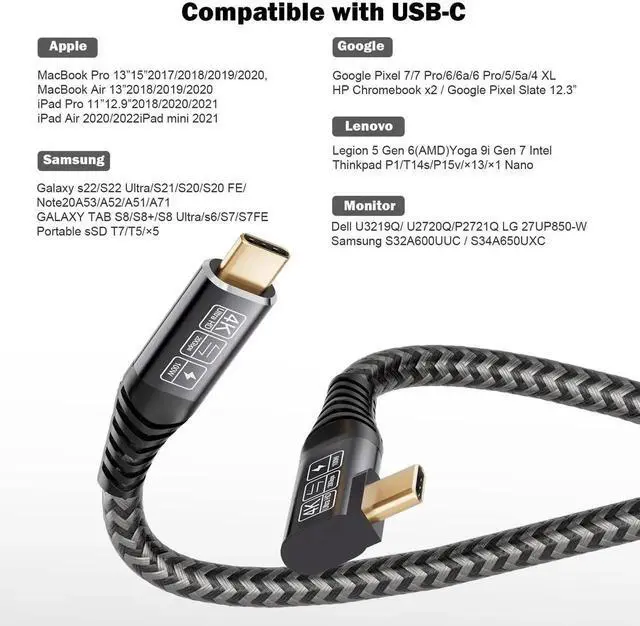 Alt view image 6 of 7 - 3.3FT/1M 90 Degree Right Angle USB C to USB C Cable, USB 3.2 20Gbps Data Transfer, 100W PD Fast Charging, 4K Video Output Compatible with Samsung Galaxy S21 S20 S10 S9, MacBook Pro, Switch