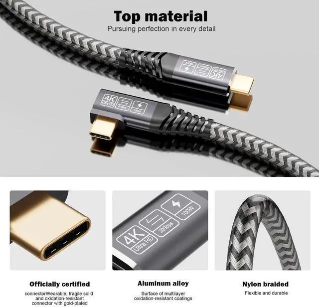 Alt view image 5 of 7 - 3.3FT/1M 90 Degree Right Angle USB C to USB C Cable, USB 3.2 20Gbps Data Transfer, 100W PD Fast Charging, 4K Video Output Compatible with Samsung Galaxy S21 S20 S10 S9, MacBook Pro, Switch
