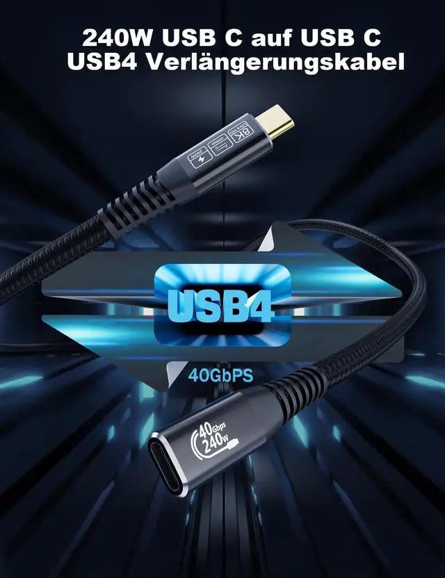 Alt view image 7 of 7 - 1.65Ft USB4 Type-C Male to Female Extension Cable, 40Gbps Data Transfer, 8K@60Hz Ultra HD Video, 240W PD Fast Charging, Compatible with Thunderbolt 3/4, External SSD, eGPU