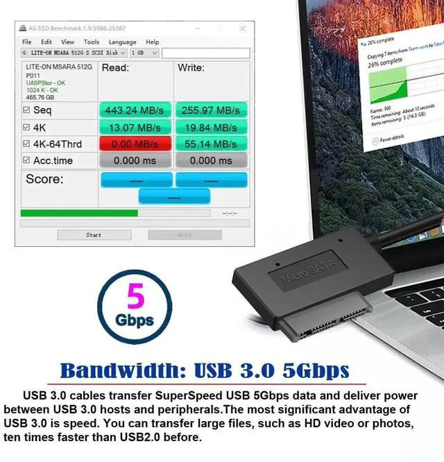 Alt view image 6 of 7 - USB 3.0 Type-A to SATA 7+9 16Pin Micro SATA Adapter Cable, 90 Degree Angled Connector, 5Gbps for 1.8 Inch SSD Solid State Drive