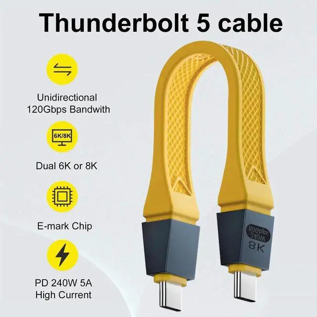 Alt view image 2 of 7 - 5 Inch Short Yellow Thunderbolt 5 USB C to USB C Cable, 80Gbps with 120Gbps Bandwidth Boost, 16K & Dual 8K Video, 240W PD Fast Charging Cord Compatible with Thunderbolt 4/3, USB4, SSD, MacBook, Dock
