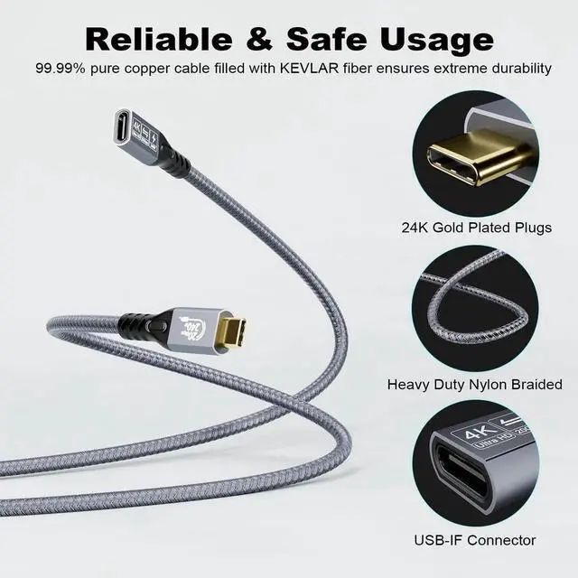 Alt view image 3 of 7 - 1M USB C 3.2 Gen2 Extension Cable, 20Gbps Type-C Male to Female Extender, 4K@60Hz Ultra HD Video, 240W PD Fast Charging Compatible with External SSD, eGPU
