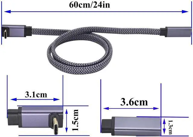 Alt view image 3 of 7 - 0.6M Up & Down 90 Degree Angled USB C to USB C Braided Cable, 10Gbps Data Transfer, 4K Video Output Fast Charging Type C Male to Female Monitor Cord for Mobile Phones Computers