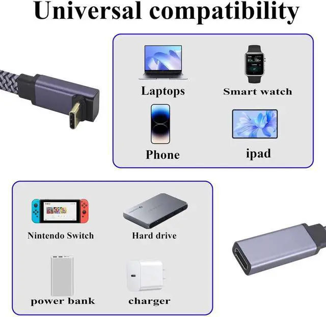 Alt view image 5 of 7 - 0.6M Up & Down 90 Degree Angled USB C to USB C Braided Cable, 10Gbps Data Transfer, 4K Video Output Fast Charging Type C Male to Female Monitor Cord for Mobile Phones Computers