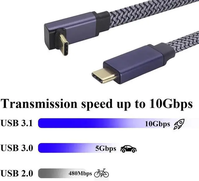 Alt view image 4 of 7 - 0.6M Up & Down 90 Degree Angled USB C to USB C Braided Cable, 10Gbps Data Transfer, 4K Video Output Fast Charging Type C Male to Female Monitor Cord for Mobile Phones Computers