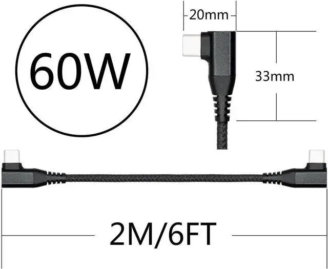 Alt view image 6 of 7 - 2M/6FT Right Angle USB C to USB C Cable, 90 Degree 60W PD Fast Charging Data Cable, Nylon Braided Type C Cord Black for Laptop Tablet Cell Phone
