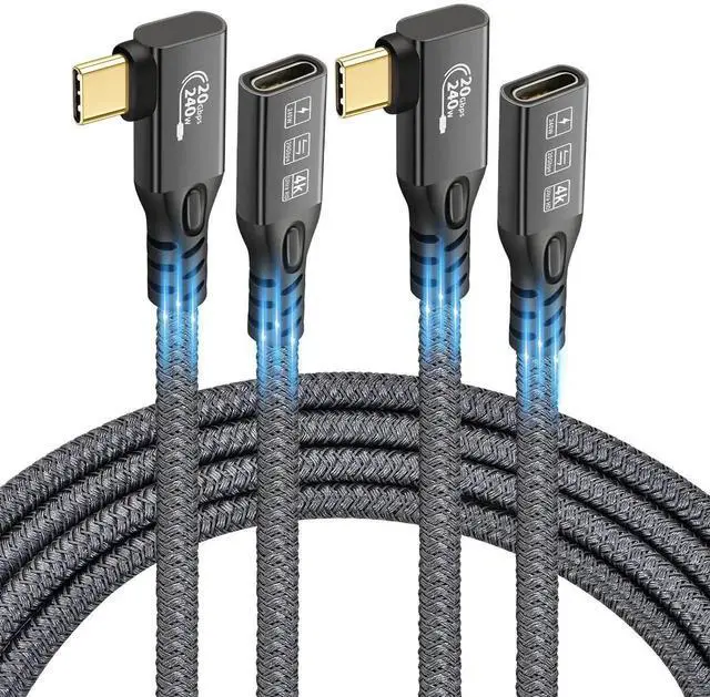 Main image of 2-Pack 0.25M 90 Degree USB C 3.2 Gen2 Extension Cable, 20Gbps Data Transfer, 4K@60Hz UHD Video, 240W PD Fast Charging Type-C Male to Female Extender Cord for SSD