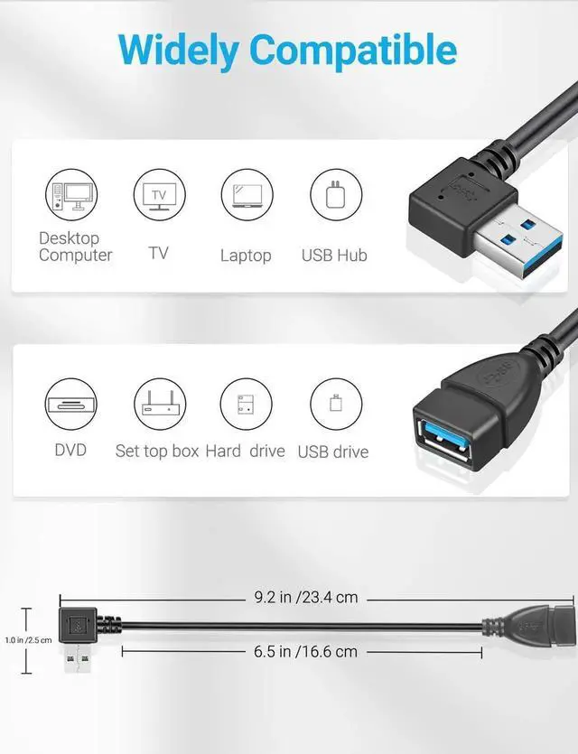 Alt view image 2 of 7 - 6 Inch 2 Pack USB 3.0 Left & Right Angle Extension Cable, SuperSpeed 90 Degree Male to Female Extender Cord Adapter, One Left Angle and One Right Angle