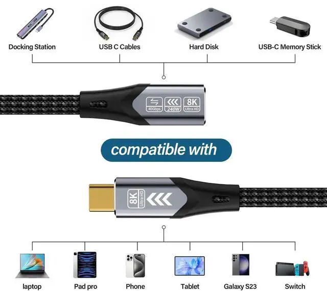Alt view image 5 of 7 - 1.65FT Short USB-C Extension Cable, USB-C Male to Female Extender, 40Gbps High Speed, 8K Video Display & 240W PD Charging, Compatible with Thunderbolt 4, for Docking Station