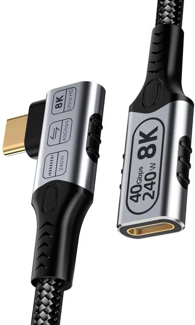 Main image of 2FT Right Angle USB C Extension Cable, 90 Degree Male to Female Extender, 40Gbps Thunderbolt 4 Compatible, 8K/4K@60Hz Video, 240W PD Fast Charging Short USB-C Cord