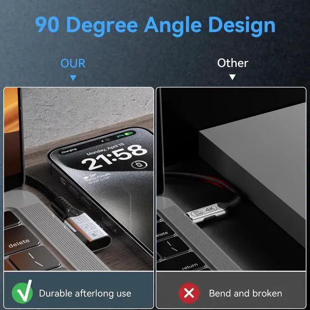 Alt view image 7 of 7 - 2FT Right Angle USB C Extension Cable, 90 Degree Male to Female Extender, 40Gbps Thunderbolt 4 Compatible, 8K/4K@60Hz Video, 240W PD Fast Charging Short USB-C Cord