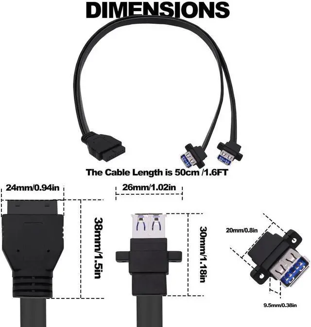 Alt view image 3 of 7 - 50CM/1.64FT USB 3.0 Front Panel Splitter Cable, Motherboard 19/20Pin Header to 2 USB 3.0 Female Port Adapter, Internal Extension Cord for PC DIY Assembly