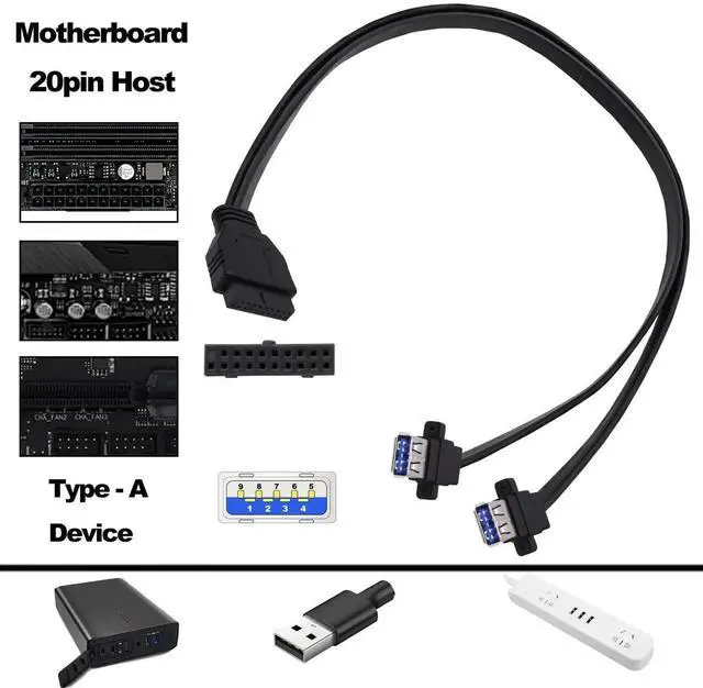 Alt view image 2 of 7 - 50CM/1.64FT USB 3.0 Front Panel Splitter Cable, Motherboard 19/20Pin Header to 2 USB 3.0 Female Port Adapter, Internal Extension Cord for PC DIY Assembly