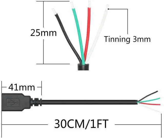 Alt view image 3 of 6 - 11 Inch Short USB A Female to 4 Pin Bare Wire Cable, 22AWG 5V/3A Open End Pigtail Wire, USB Type A Female Plug Power Data DIY Repair Replacement Cable, Black