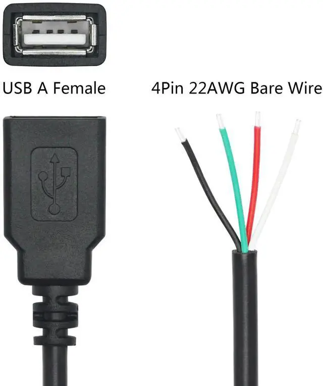 Alt view image 2 of 6 - 11 Inch Short USB A Female to 4 Pin Bare Wire Cable, 22AWG 5V/3A Open End Pigtail Wire, USB Type A Female Plug Power Data DIY Repair Replacement Cable, Black
