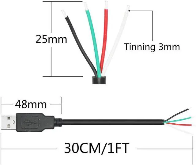 Alt view image 2 of 6 - 11inch 22AWG USB A Male to 4 Pin Bare Wire Cable, 5V 3A Open End Pigtail Power Data Cord for DIY Installation Repair Replacement
