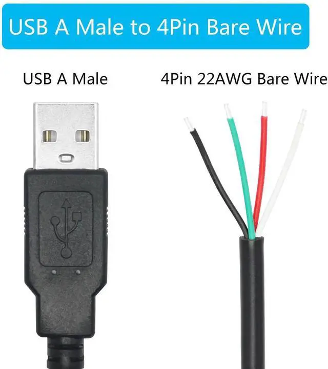 Alt view image 3 of 6 - 11inch 22AWG USB A Male to 4 Pin Bare Wire Cable, 5V 3A Open End Pigtail Power Data Cord for DIY Installation Repair Replacement