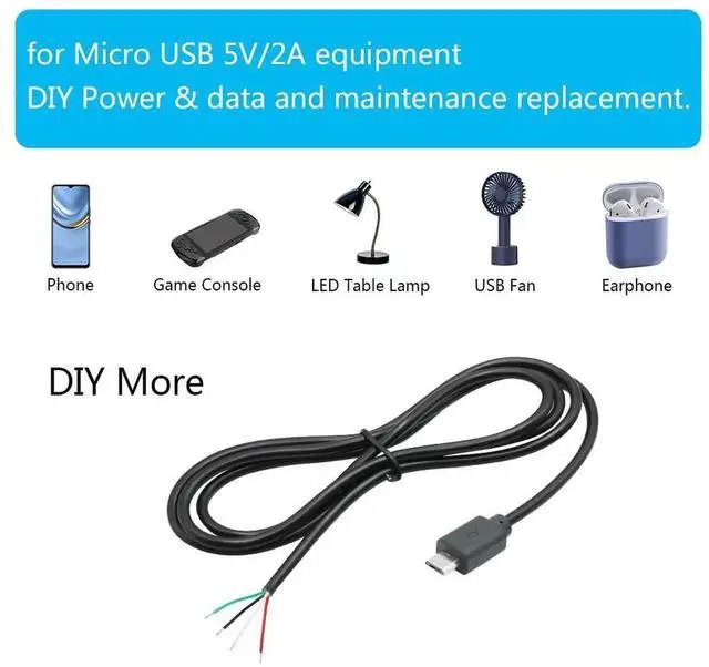 Alt view image 6 of 7 - 2Pcs 3FT Micro USB Male 4 Pin Bare Wire Cable, 24AWG 5V/2A Open End Pigtail Cord for USB Device DIY Installation Replacement and Repair