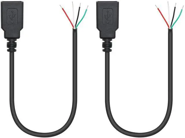 Main image of 2Pcs 11inch USB A Female 4 Pin Bare Wire Pigtail Cable, 5V/2A Open End USB DIY Power Data Cord for Equipment Installation Replacement and Repair