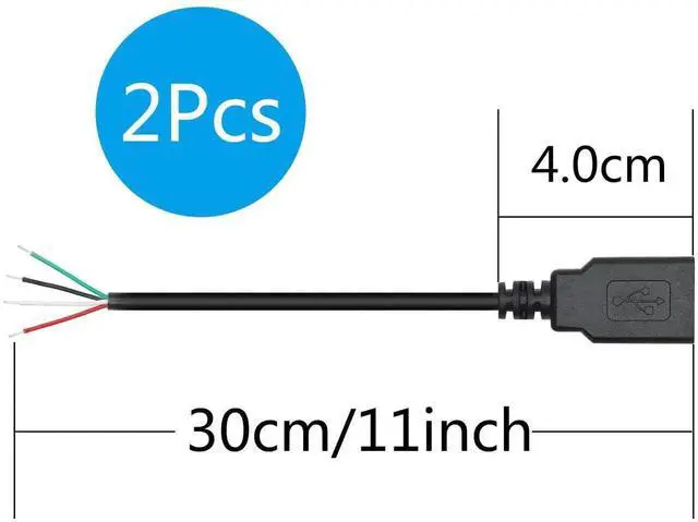 Alt view image 3 of 6 - 2Pcs 11inch USB A Female 4 Pin Bare Wire Pigtail Cable, 5V/2A Open End USB DIY Power Data Cord for Equipment Installation Replacement and Repair