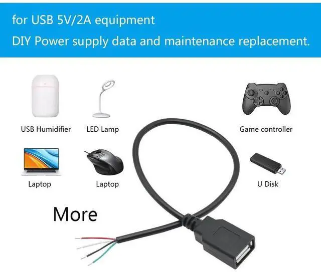 Alt view image 5 of 6 - 2Pcs 11inch USB A Female 4 Pin Bare Wire Pigtail Cable, 5V/2A Open End USB DIY Power Data Cord for Equipment Installation Replacement and Repair