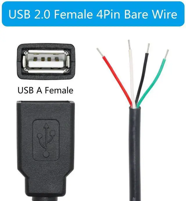 Alt view image 6 of 6 - 2Pcs 11inch USB A Female 4 Pin Bare Wire Pigtail Cable, 5V/2A Open End USB DIY Power Data Cord for Equipment Installation Replacement and Repair