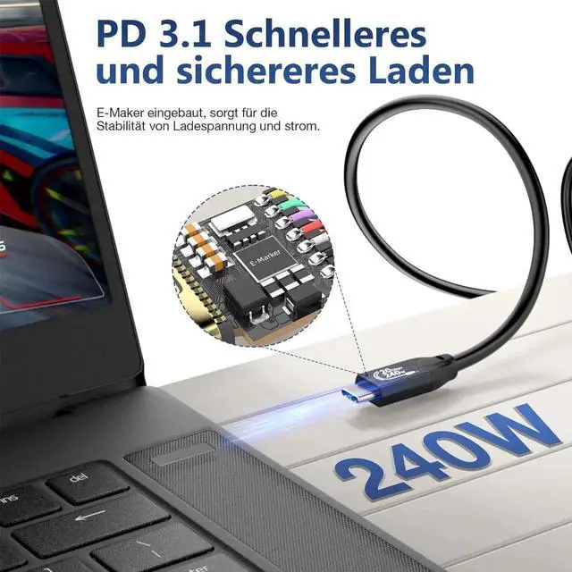 Alt view image 2 of 7 - 0.5M USB C 3.2 Gen 2 Cable, 20Gbps 240W PD3.1 5A Fast Charging with E-Marker, 4K@60Hz UHD Video Compatible with Thunderbolt 3/4 iPhone 15 Pro MacBook Pixel Monitor