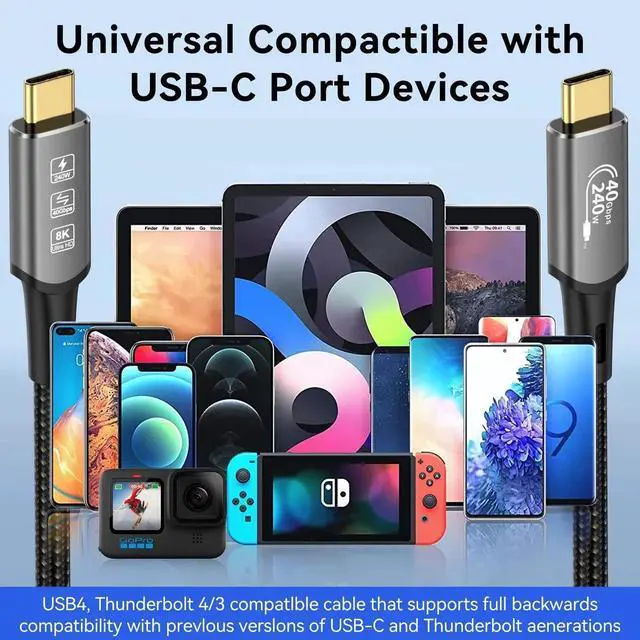 Alt view image 2 of 7 - 0.5M USB4 Thunderbolt 4 Cable, USB C to USB C 40Gbps Data Transfer, 240W PD3.1 Fast Charging, 8K@60Hz & 4K@120Hz HDR Video Cord Compatible with MacBook M1-M3 Mac Studio Laptop Monitor