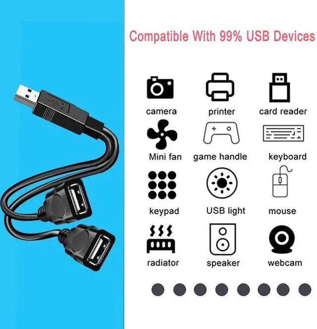 Alt view image 2 of 7 - USB 2.0 Y Splitter Cable, 1 in 2 Out USB A Male to Dual Female Jack Adapter Cord, Multi-Port USB Hub Power Extension for Laptop MacBook PC PS4 PS5 Xbox Car and More