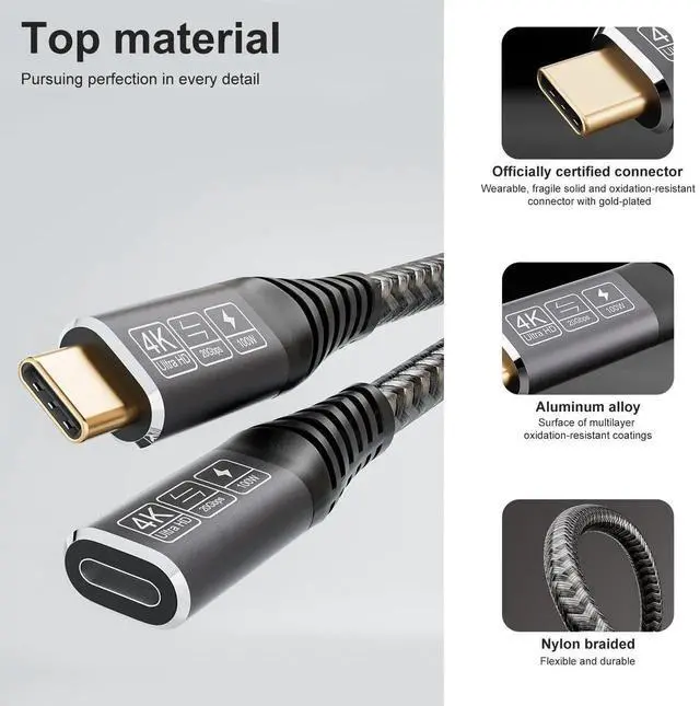 Alt view image 3 of 7 - 2M/6.6FT USB-C 3.2 Male to Female Extension Cable, 100W 5A PD Fast Charging, 20Gbps Data Sync Compatible with iPhone 15 Pro MacBook iPad Pro MagSafe