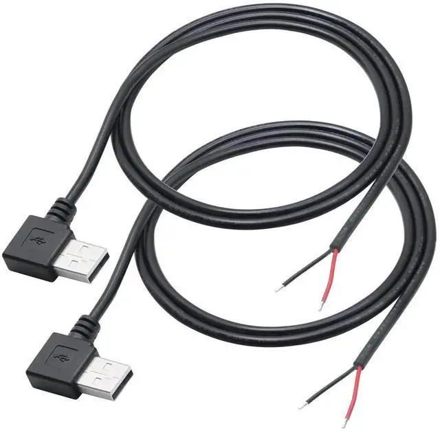 Main image of 2Pcs 1M/3FT 90 Degree USB 2.0 A Male 2 Pin Bare Wire Pigtail Cable, Right Angle Open End Power Cord 5V/3A for USB Equipment DIY Installation Replacement and Repair