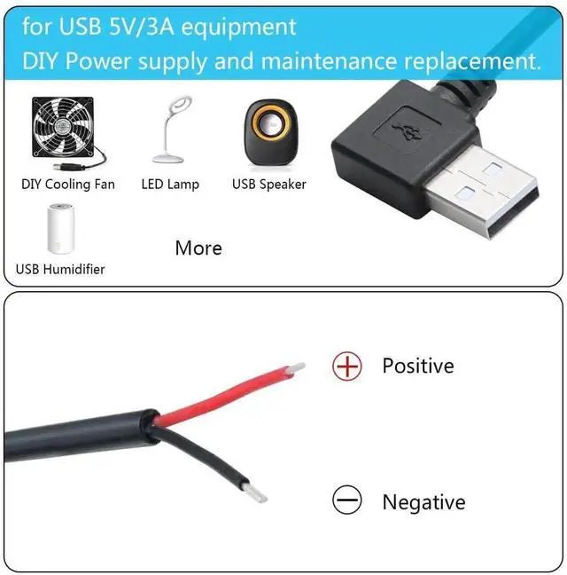Alt view image 2 of 7 - 2Pcs 1M/3FT 90 Degree USB 2.0 A Male 2 Pin Bare Wire Pigtail Cable, Right Angle Open End Power Cord 5V/3A for USB Equipment DIY Installation Replacement and Repair