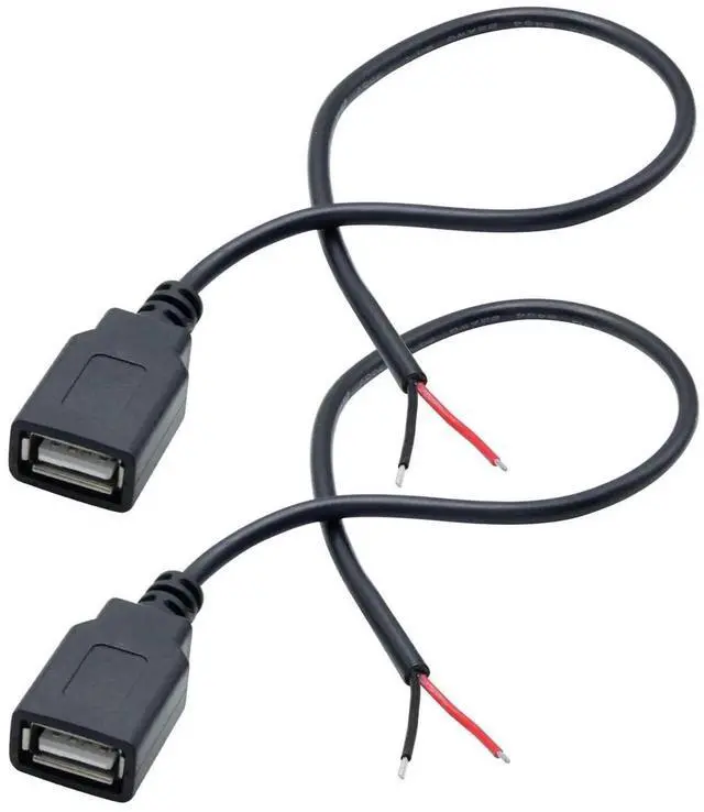 Main image of 2Pcs 11 Inch USB A Female 2 Pin Bare Wire Pigtail Cable, 5V/3A Open End Power Only Cord for USB Equipment DIY Installation, Replacement and Repair
